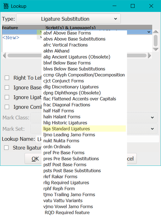 select-standard-ligatures-in-fontforge-lookup-dialogue-box