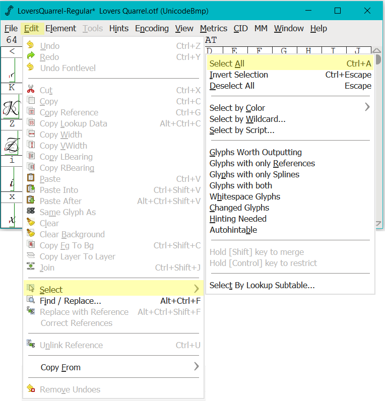 select-all-glyphs-for-scaling-with-fontforge